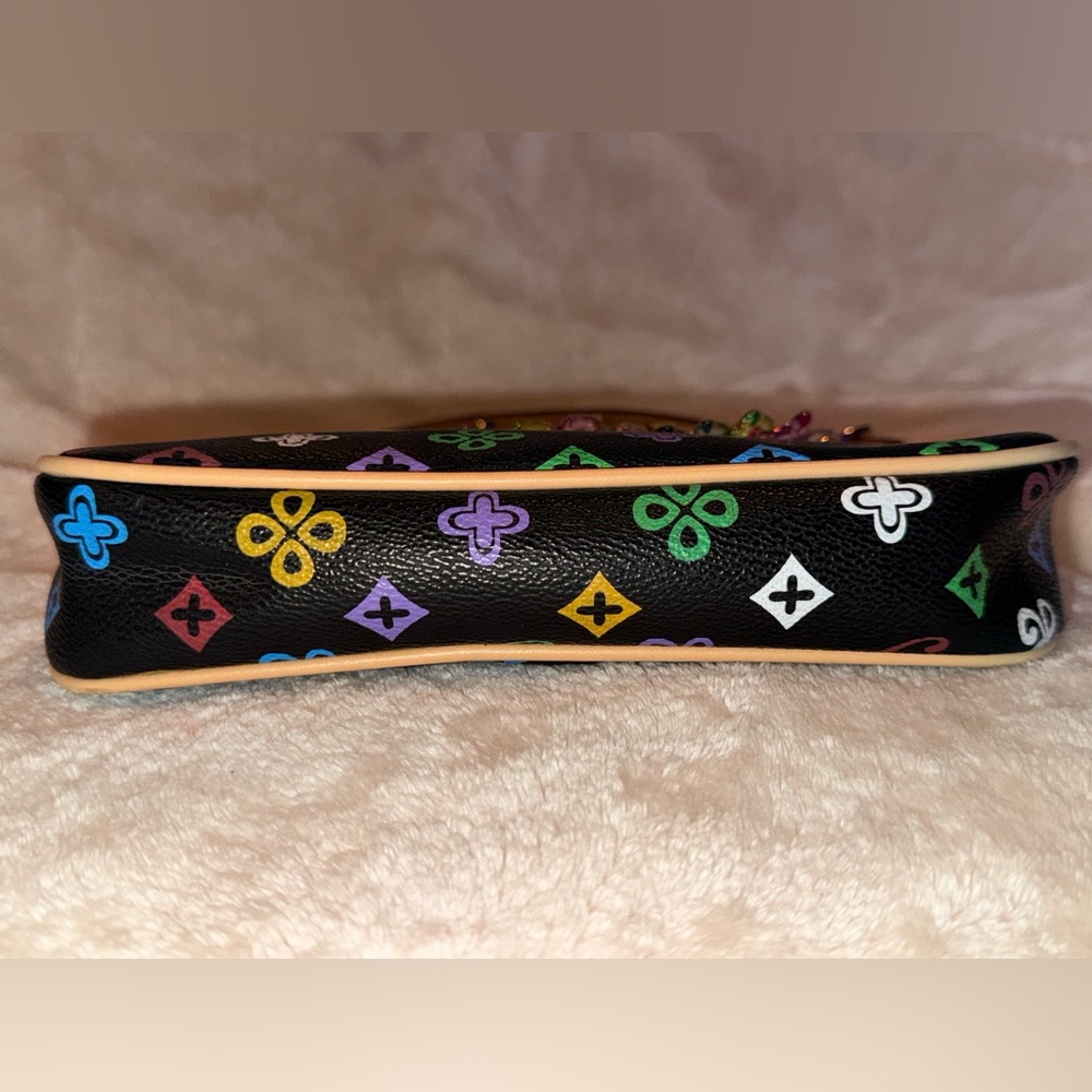 Black Multicolor Studded Monogram Shoulder Bag Tan Trim Bow Detail W Bag Chain! - Picture 7 of 12